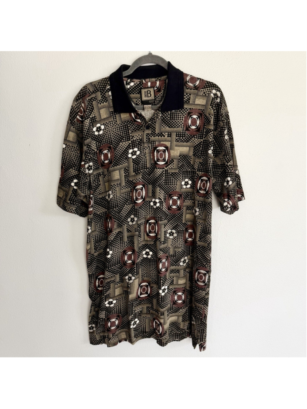 Vintage Bruno B Polo Mens L Retro Geometric Print 100% Cotton Golf Shirt Italy
